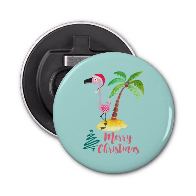 Pink Flamingo In A Santa Hat By A Palm Tree Xmas Bottle Opener (Front)
