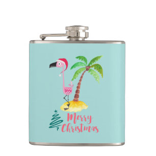 Pink Flamingo In A Santa Hat By A Palm Tree Xmas Hip Flask