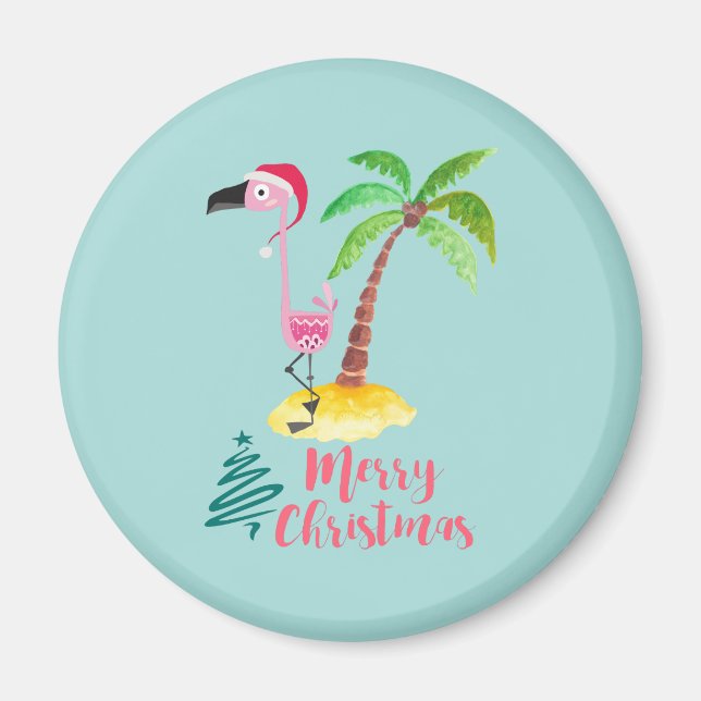 Pink Flamingo In A Santa Hat By A Palm Tree Xmas Magnet (Front)