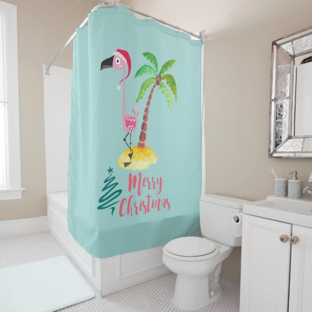Pink Flamingo In A Santa Hat By A Palm Tree Xmas Shower Curtain (In Situ)