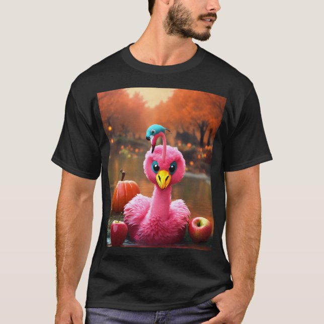 Pink Flamingo in Dragon Costume Bobbing for Apples T-Shirt (Front)