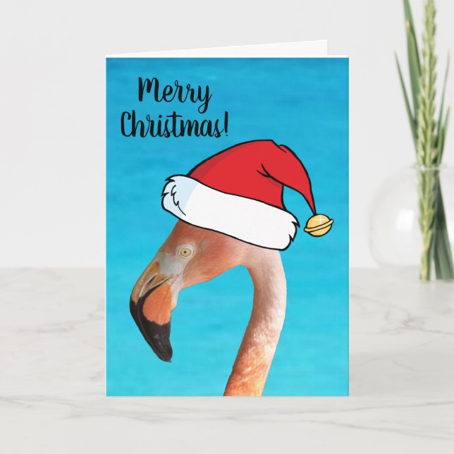 Pink Flamingo in red cartoon Santa hat Christmas Holiday Card (Front)