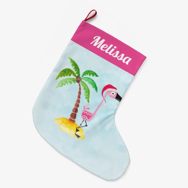 Pink Flamingo in Red Santa Hat Christmas Large Christmas Stocking (Front (Hanging))