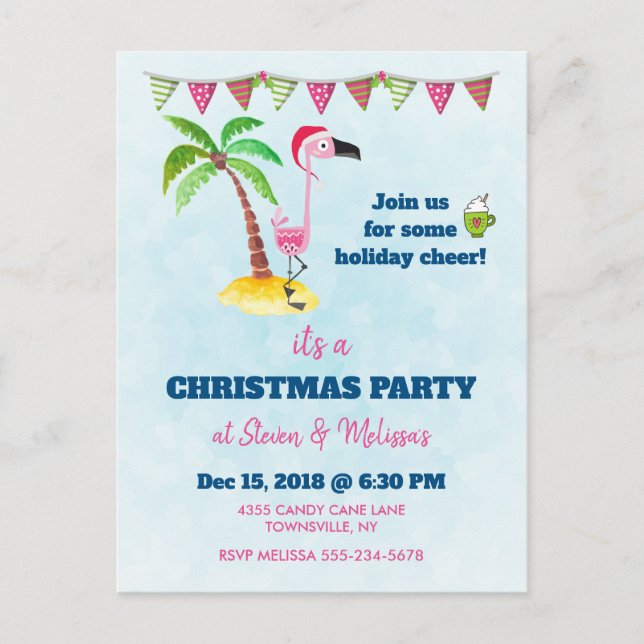 Pink Flamingo in Red Santa Hat Christmas Party Postcard (Front)