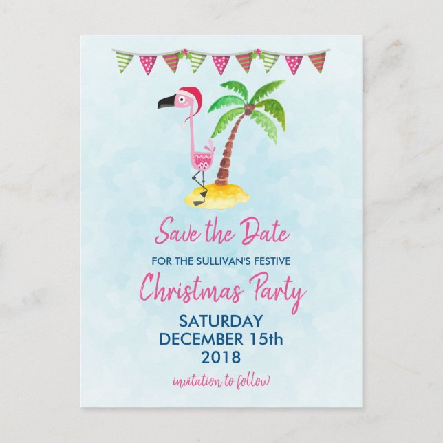 Pink Flamingo in Red Santa Hat Xmas Save the Date Postcard (Front)