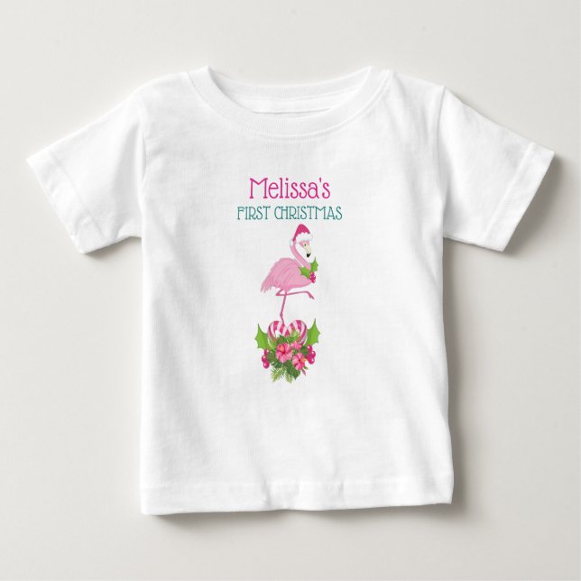 Pink Flamingo in Santa Hat 1st Christmas Baby T-Shirt (Front)