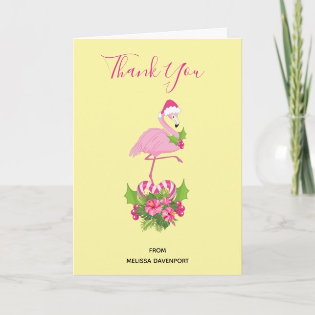 Pink Flamingo in Santa Hat Christmas Thank You Holiday Card (Front)