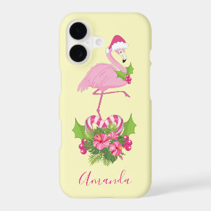 Pink Flamingo in Santa Hat Whimsical Christmas