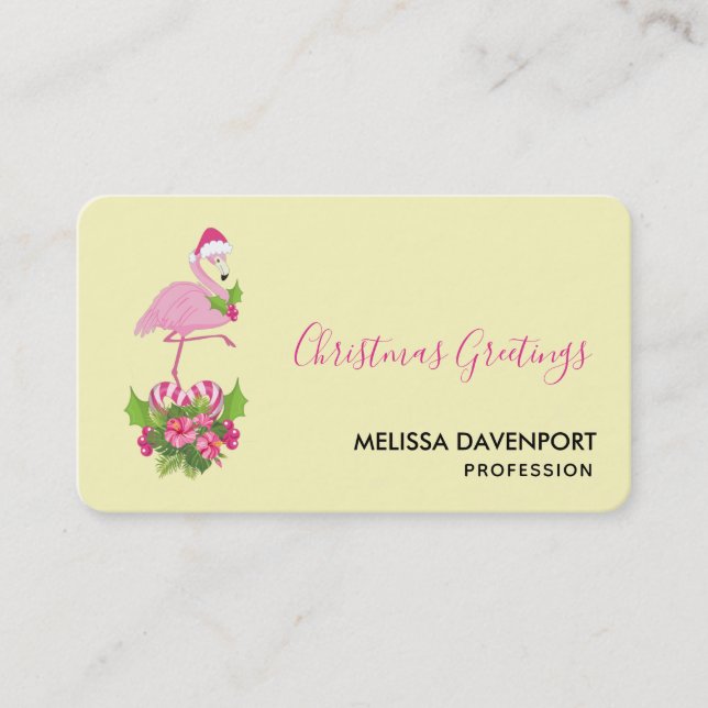 Pink Flamingo in Santa Hat Whimsical Christmas Business Card (Front)