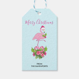 Pink Flamingo in Santa Hat Whimsical Christmas Gift Tags