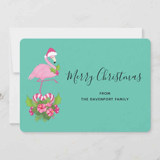 Pink Flamingo in Santa Hat Whimsical Christmas Holiday Card (Front)