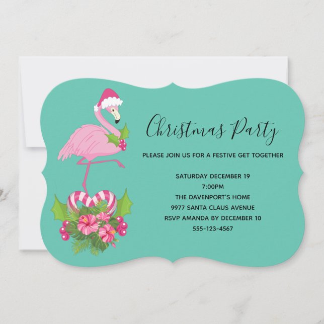 Pink Flamingo in Santa Hat Whimsical Christmas Invitation (Front)