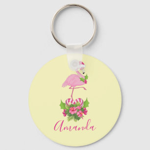 Pink Flamingo in Santa Hat Whimsical Christmas Key Ring
