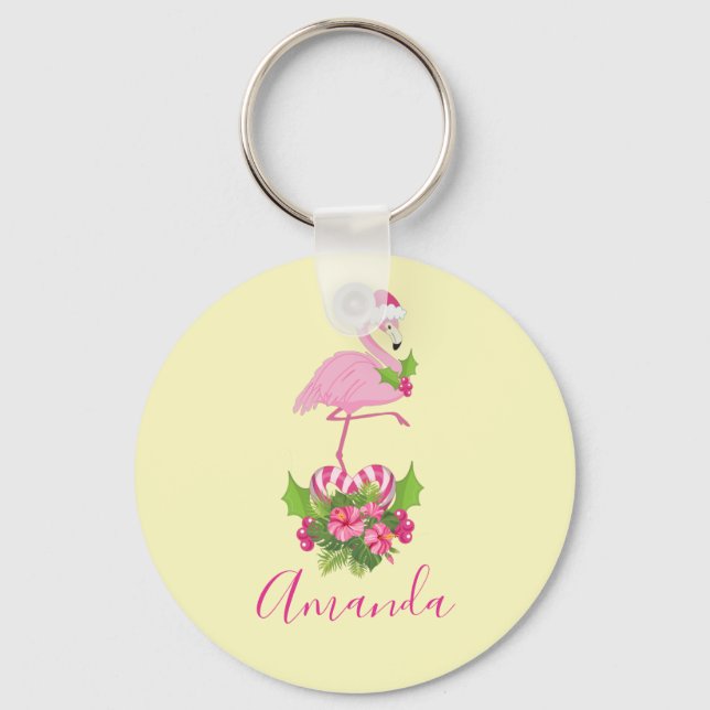 Pink Flamingo in Santa Hat Whimsical Christmas Key Ring (Front)