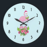 Pink Flamingo in Santa Hat Whimsical Christmas Large Clock<br><div class="desc">A clock with a tropical themed Christmas flamingo wearing a pink santa hat. Underneath its feet is a candy cane bouquet with pretty tropical flowers and pink berries. A sprig of holly on its chest.</div>