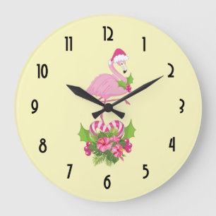 Pink Flamingo in Santa Hat Whimsical Christmas Large Clock