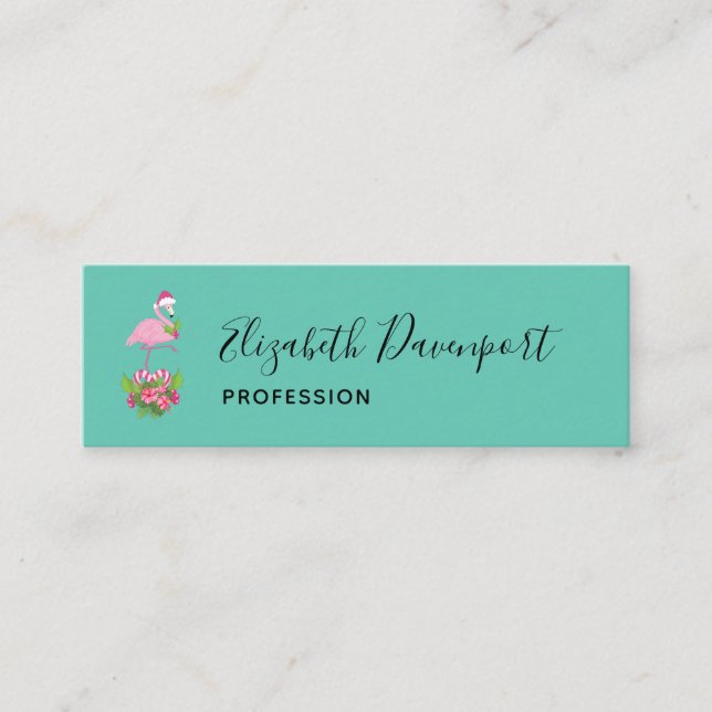 Pink Flamingo in Santa Hat Whimsical Christmas Mini Business Card (Front)