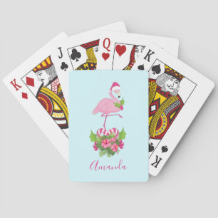 Pink Flamingo in Santa Hat Whimsical Christmas Playing Cards