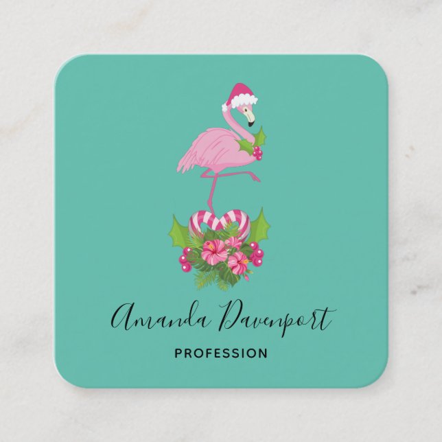 Pink Flamingo in Santa Hat Whimsical Christmas Square Business Card (Front)