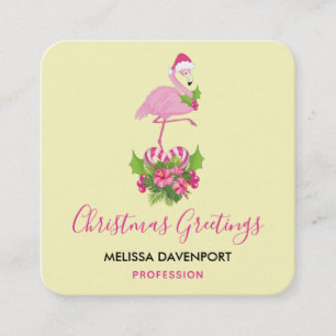 Pink Flamingo in Santa Hat Whimsical Christmas Square Business Card