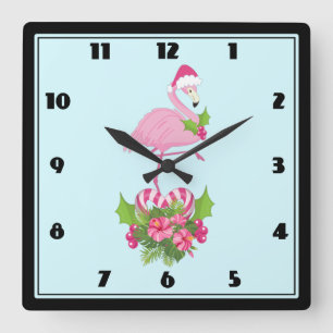 Pink Flamingo in Santa Hat Whimsical Christmas Square Wall Clock