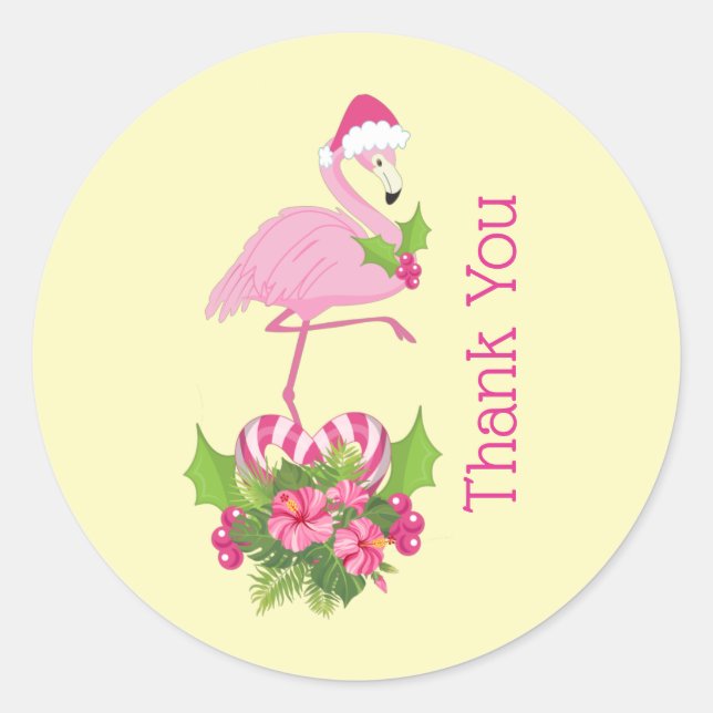 Pink Flamingo in Santa Hat Whimsical Thank You Classic Round Sticker (Front)