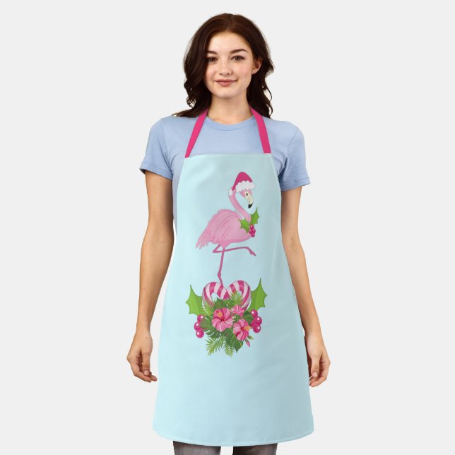 Pink Flamingo in Santa Hat with Candy Cane Bouquet Apron (Worn)