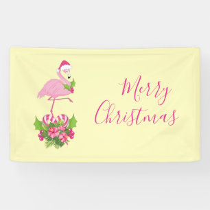 Pink Flamingo in Santa Hat with Candy Cane Bouquet Banner