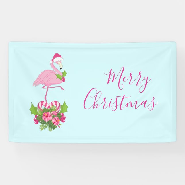 Pink Flamingo in Santa Hat with Candy Cane Bouquet Banner (Horizontal)