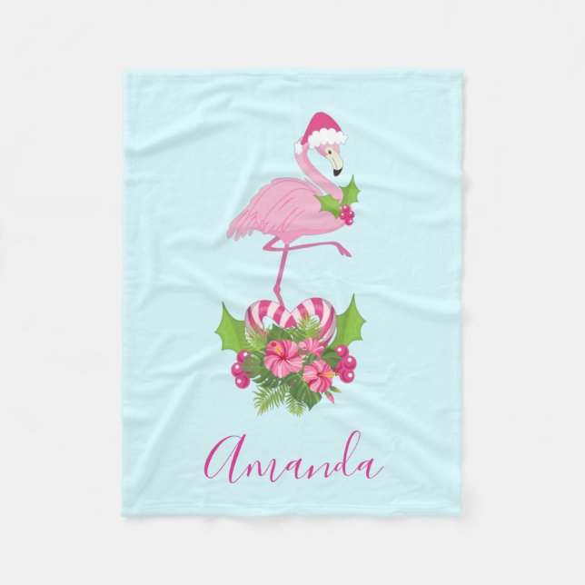 Pink Flamingo in Santa Hat with Candy Cane Bouquet Fleece Blanket (Front)