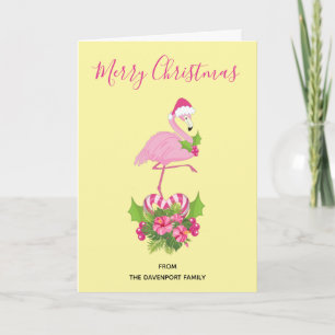 Pink Flamingo in Santa Hat with Candy Cane Bouquet Holiday Card