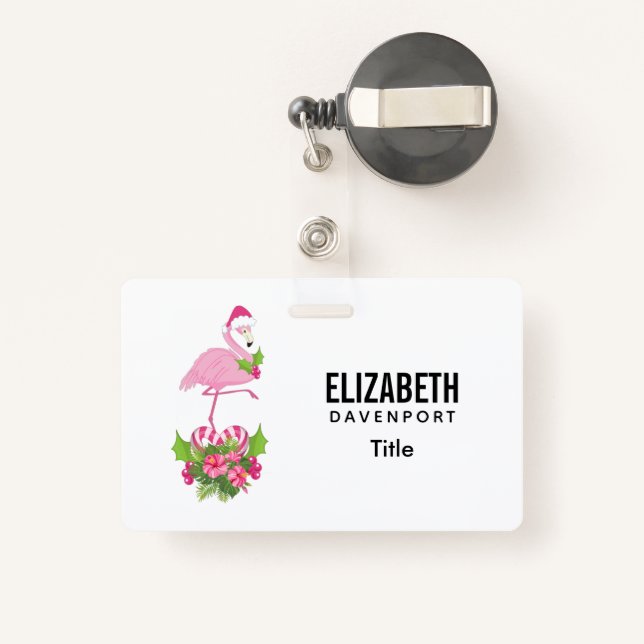 Pink Flamingo in Santa Hat with Candy Cane Bouquet ID Badge (Back with Retractable)