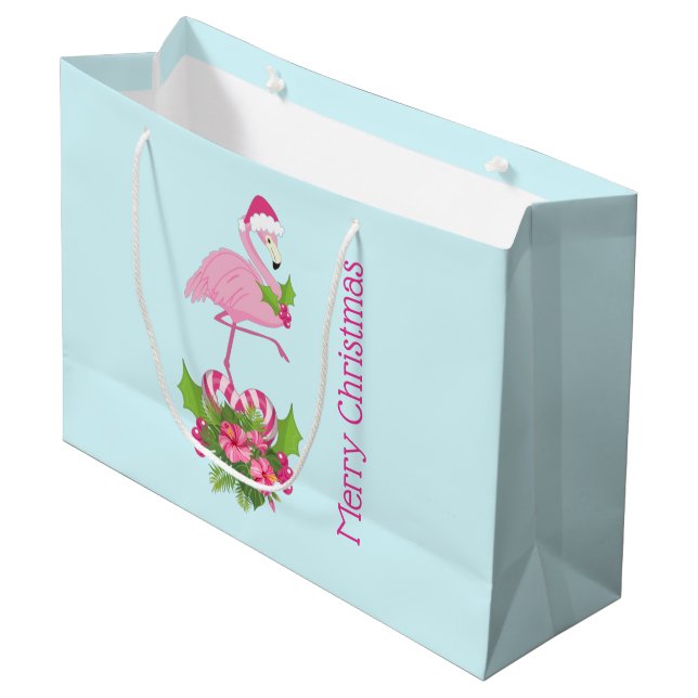 Pink Flamingo in Santa Hat with Candy Cane Bouquet Large Gift Bag (Front Angled)