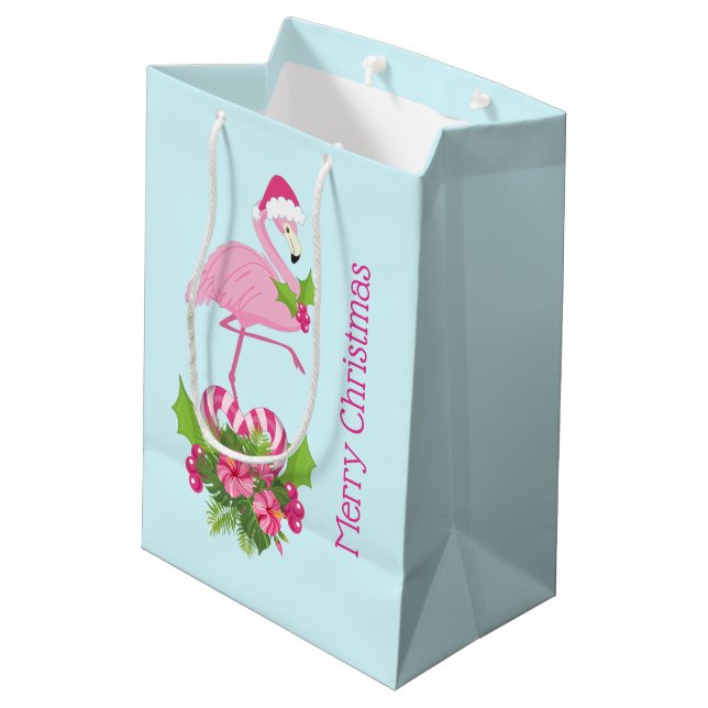 Pink Flamingo in Santa Hat with Candy Cane Bouquet Medium Gift Bag (Back Angled)