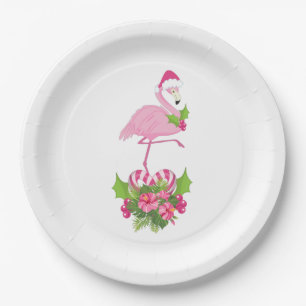 Pink Flamingo in Santa Hat with Candy Cane Bouquet Paper Plate