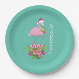 Pink Flamingo in Santa Hat with Candy Cane Bouquet Paper Plate