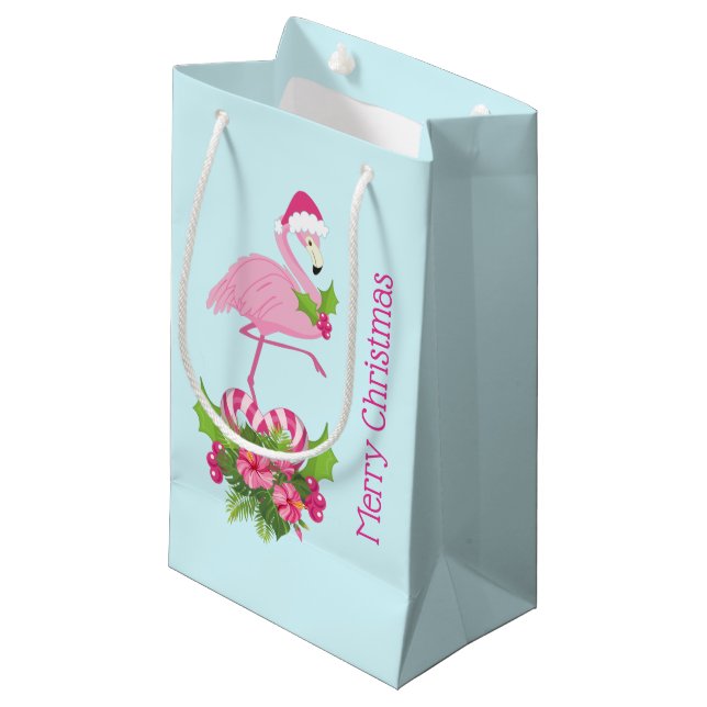 Pink Flamingo in Santa Hat with Candy Cane Bouquet Small Gift Bag (Front Angled)