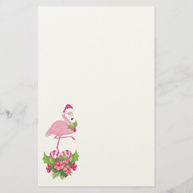 Pink Flamingo in Santa Hat with Candy Cane Bouquet Stationery (Front)