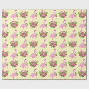 Pink Flamingo in Santa Hat with Candy Cane Bouquet Wrapping Paper