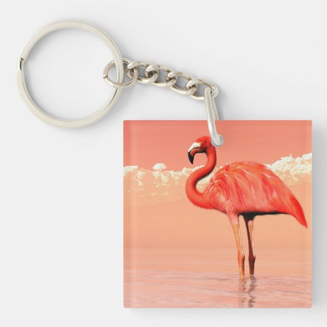Pink flamingo in the water - 3D render Key Ring (Front)