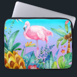 Pink Flamingo In Tropical Forest Laptop Sleeve<br><div class="desc">Cute very light pink and white flamingo watercolors illustration with colourful tropical flowers and trees design. Purple and turquoise gradient background image.</div>