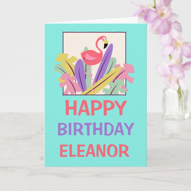 Pink Flamingo Leaf Name Happy Birthday Card (Orchid)