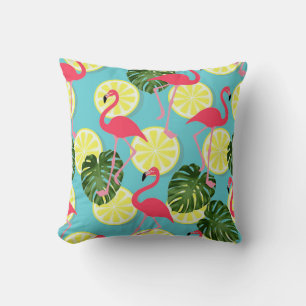 Pink Flamingo Lemon Slice Tropical Leaf Reversible Cushion