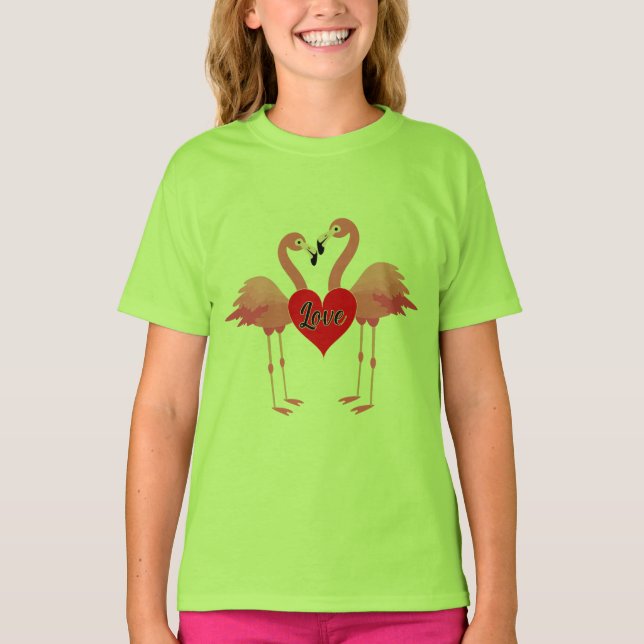 Pink Flamingo Love Design - Girls' Basic T-Shirt (Front)