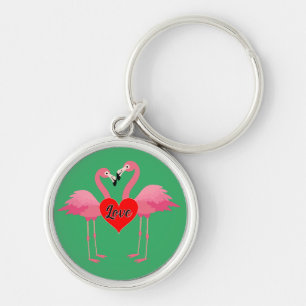 Pink Flamingo Love Design - Premium Round Keychain