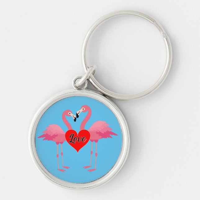 Pink Flamingo Love Design - Premium Round Keychain (Front)