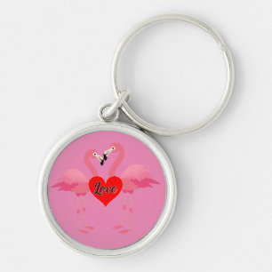 Pink Flamingo Love Design - Premium Round Keychain