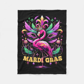 Pink Flamingo Mardi Gras Crown And Beads Mask Carn Fleece Blanket