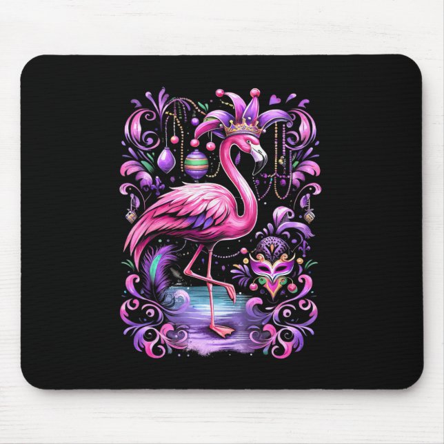 Pink Flamingo Mardi Gras Jester Hat Beads Mask  Mouse Pad (Front)