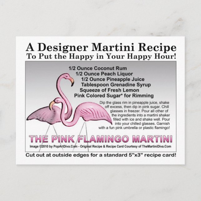 Pink Flamingo Martini Recipe Card Postcard (Front)